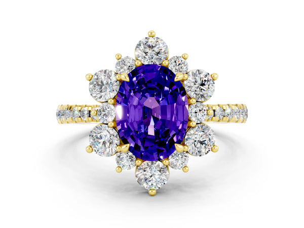 Yellow gold Oval Cut Tanzanite Floral Halo Ring with Round Pavé Band and Prong Setting