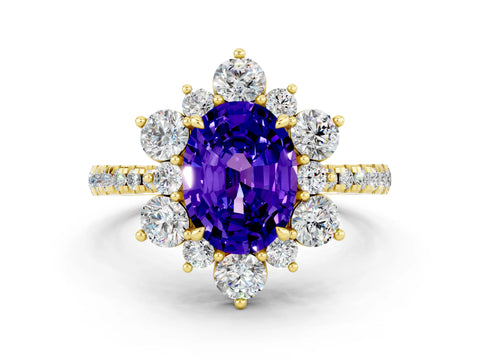 Yellow gold Oval Cut Cut Diamond Floral Halo Pave Band with Prong Setting