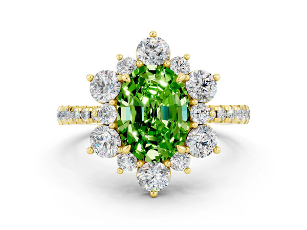 Yellow gold Oval Cut Cut Diamond Floral Halo Pave Band with Prong Setting