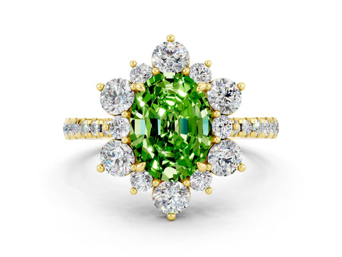 Yellow gold Oval Cut Cut Diamond Floral Halo Pave Band with Prong Setting