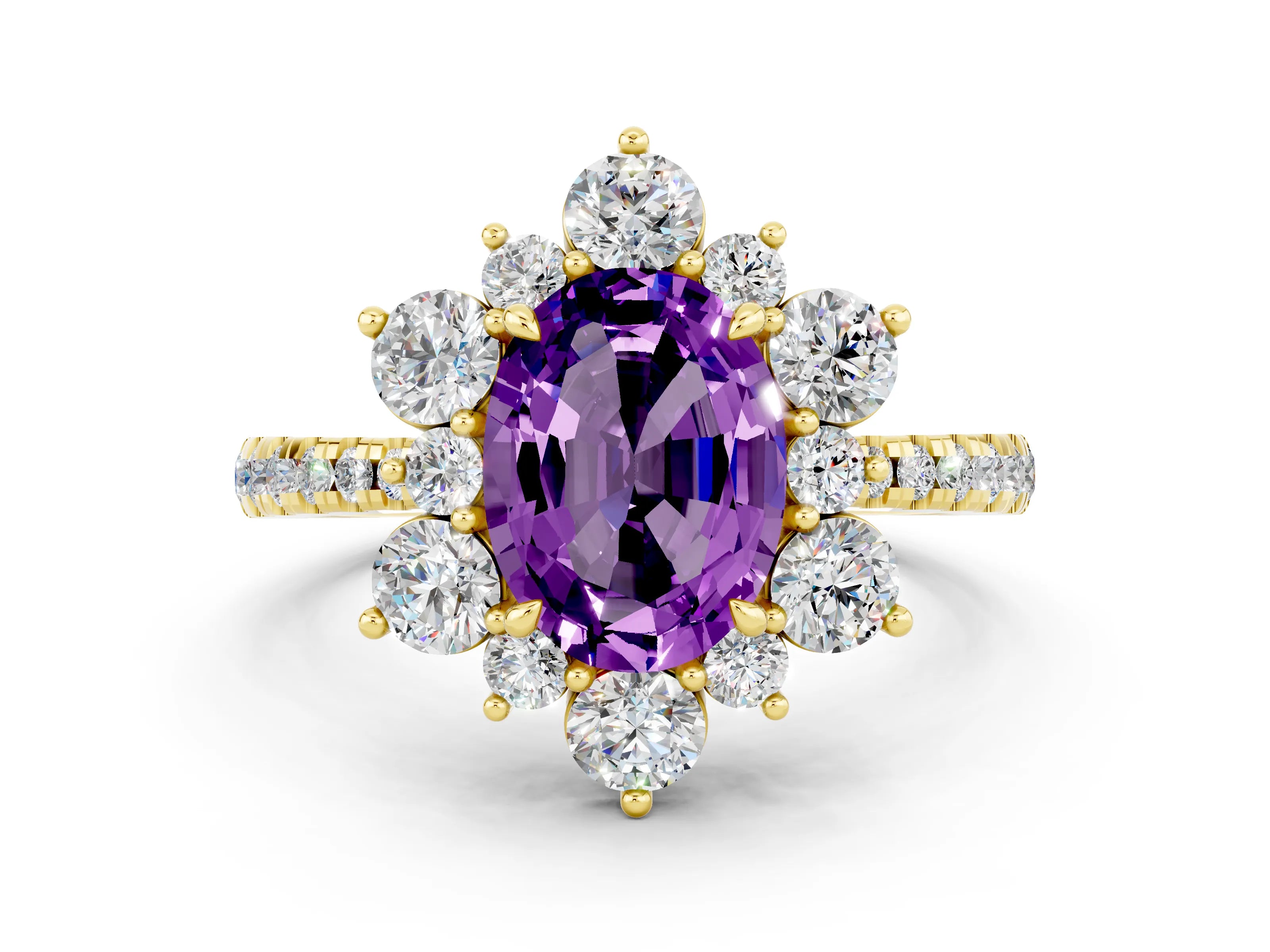 Yellow gold Oval Cut Cut Diamond Floral Halo Pave Band with Prong Setting