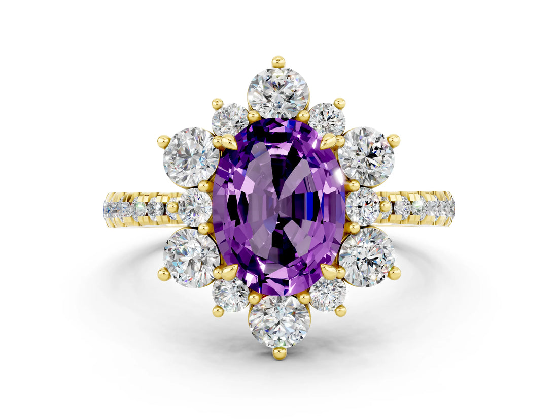 Yellow gold Oval Cut Cut Diamond Floral Halo Pave Band with Prong Setting