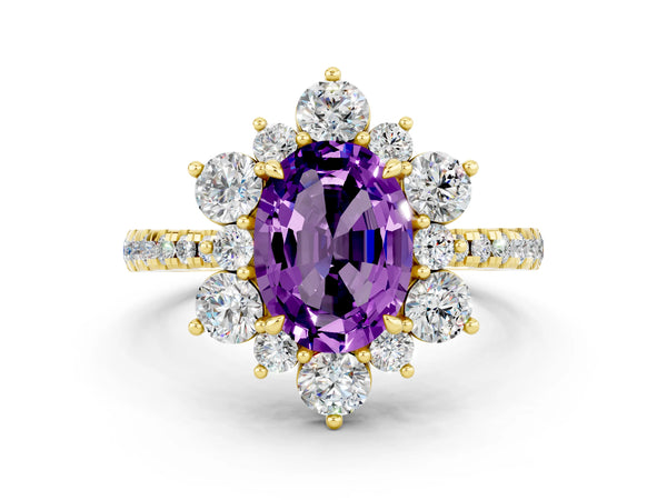 Yellow gold Oval Cut Amethyst Floral Halo Ring with Round Pavé Band and Prong Setting