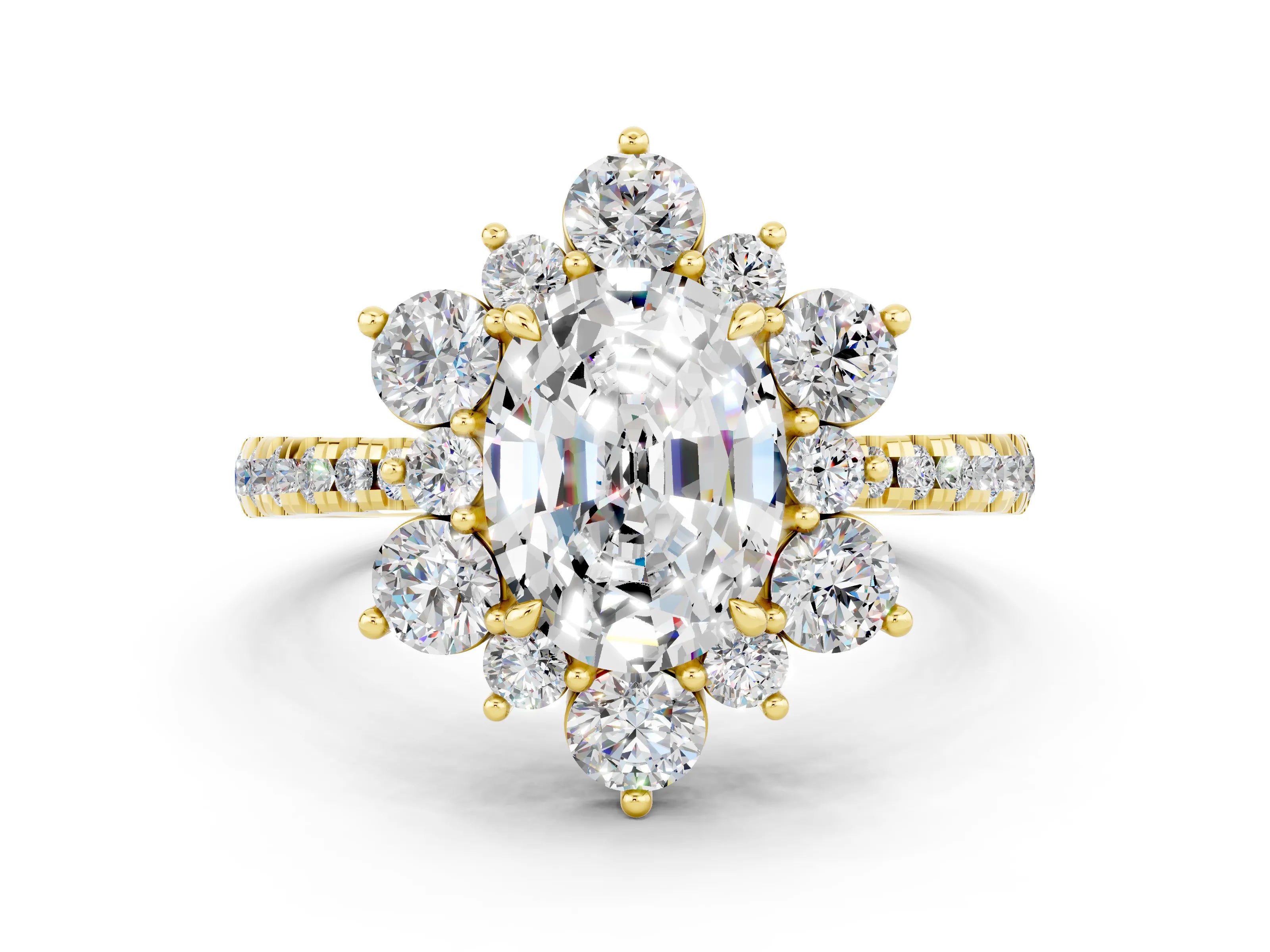Yellow gold Oval Cut Cut Diamond Floral Halo Pave Band with Prong Setting