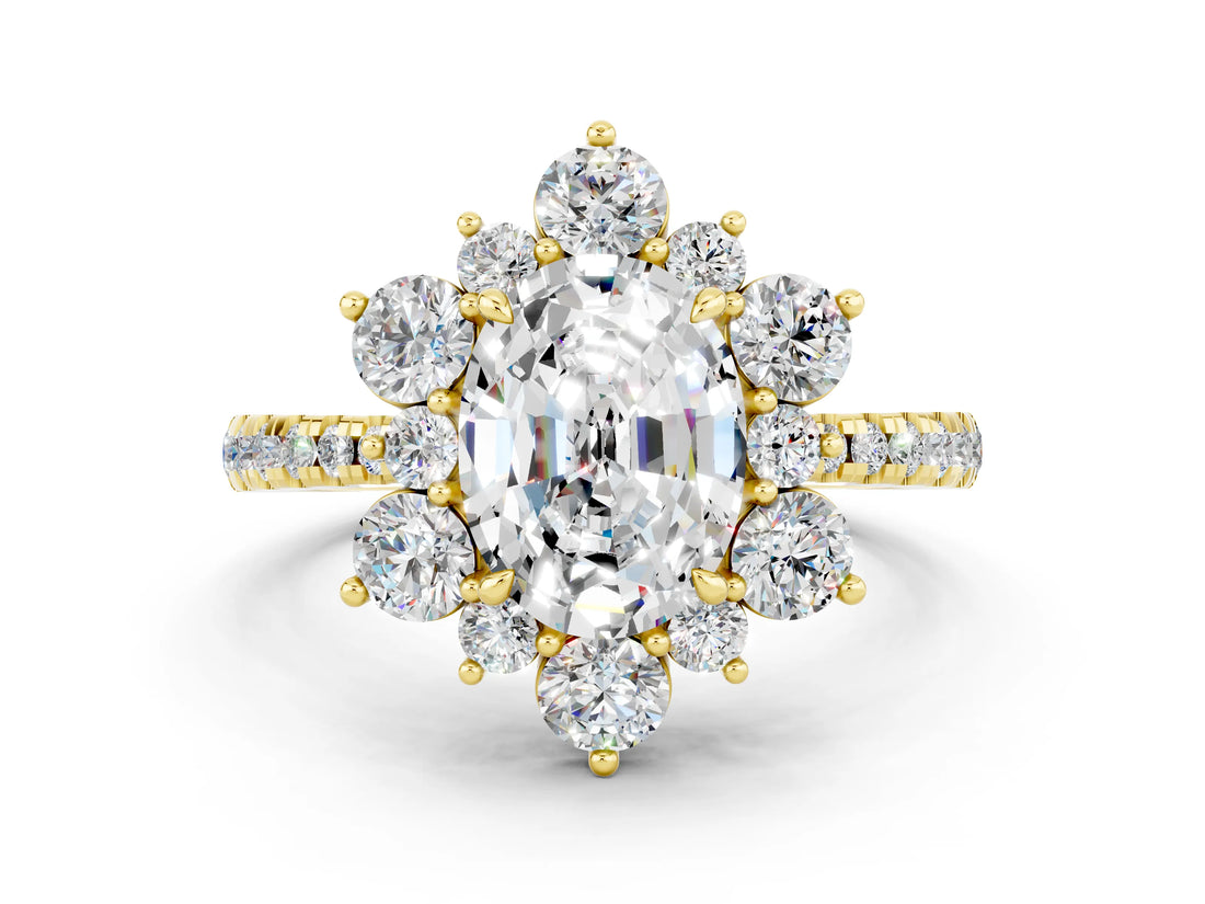 Yellow gold Oval Cut Cut Diamond Floral Halo Pave Band with Prong Setting