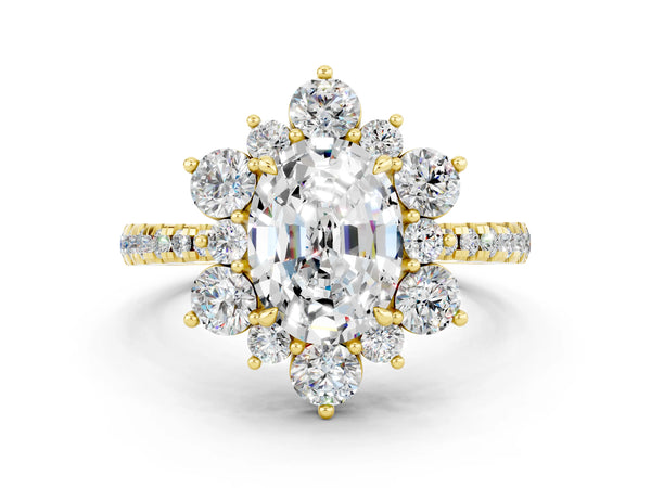 Yellow gold Oval Cut Moissanite Floral Halo Ring with Round Pavé Band and Prong Setting