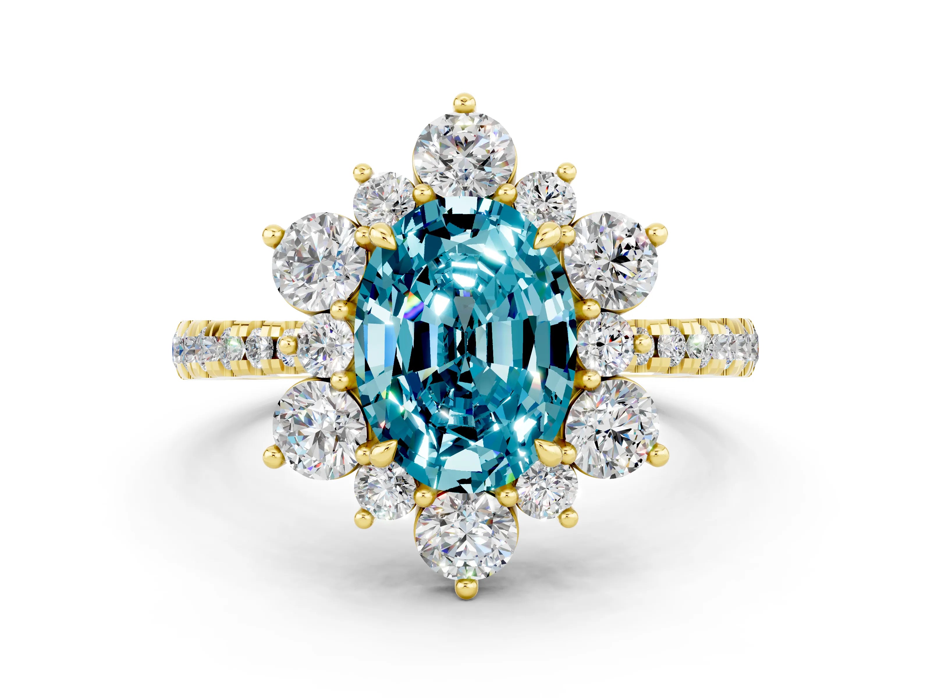 Yellow gold Oval Cut Cut Diamond Floral Halo Pave Band with Prong Setting
