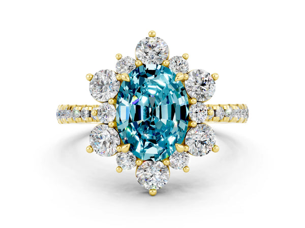 Yellow gold Oval Cut Cut Diamond Floral Halo Pave Band with Prong Setting