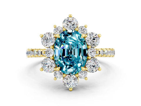 Yellow gold Oval Cut Cut Diamond Floral Halo Pave Band with Prong Setting