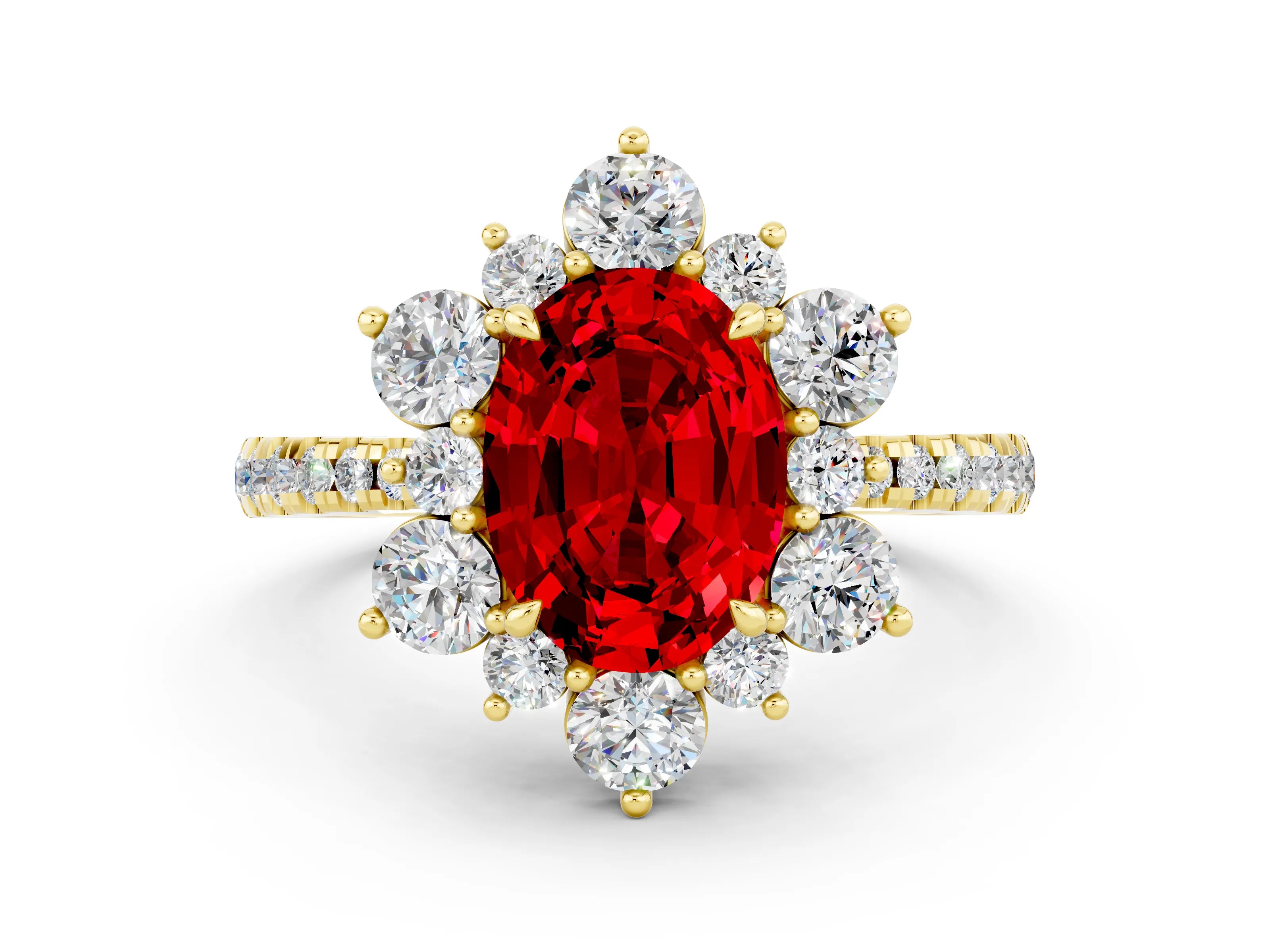 Yellow gold Oval Cut Cut Diamond Floral Halo Pave Band with Prong Setting
