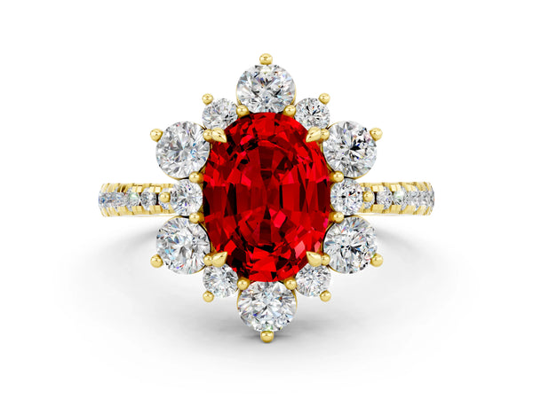 Yellow gold Oval Cut Ruby Floral Halo Ring with Round Pavé Band and Prong Setting
