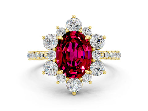 Yellow gold Oval Cut Cut Diamond Floral Halo Pave Band with Prong Setting