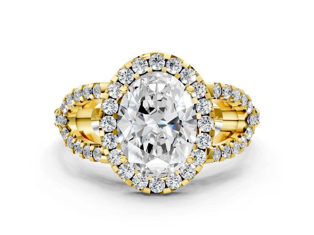 Yellow gold Oval Cut Cut Diamond Halo Engagement Ring with Open Split Pavé Band_9