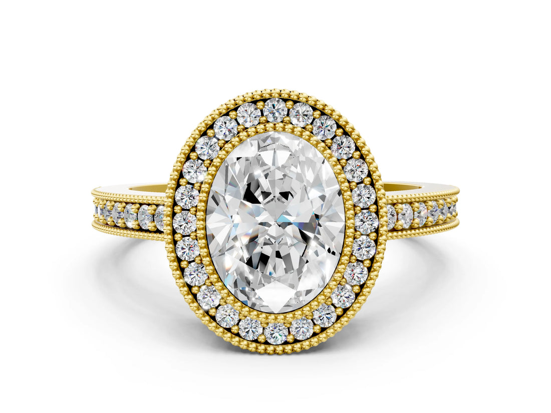 Yellow gold Oval Cut-Cut Diamond Halo Engagement Ring with Pave Band and Prong Setting_9
