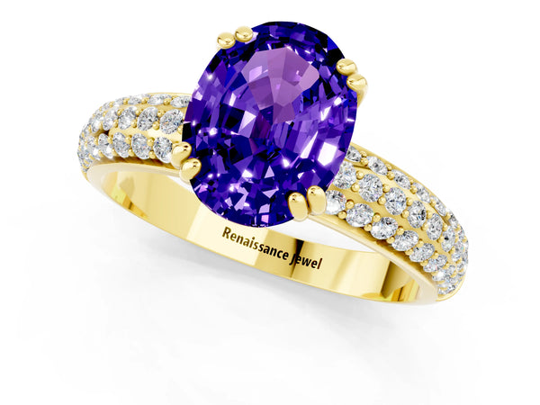 Yellow gold Oval Cut Tanzanite Vintage Milgrain Ring with Round  Stations
