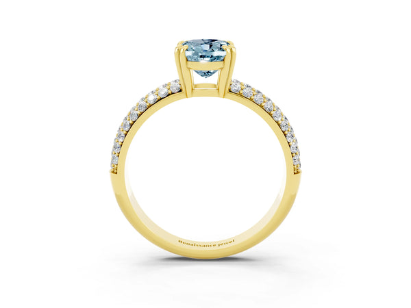 Yellow Gold Oval Aquamarine Vintage Milgrain Engagement Ring with Marquise and Square Stations