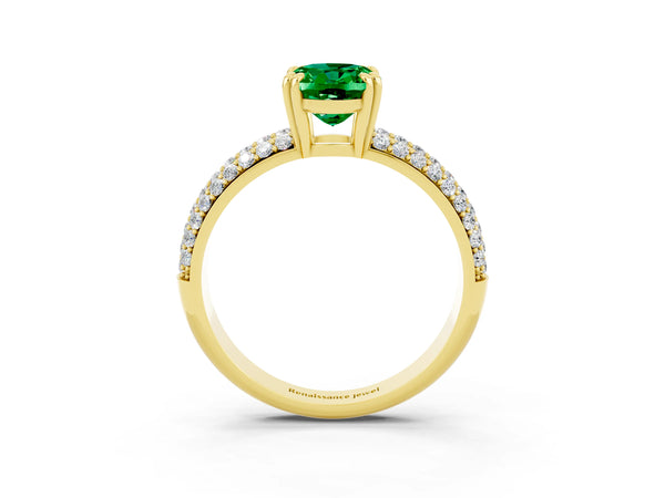 Yellow gold Oval Cut Emerald Vintage Milgrain Ring with Round  Stations