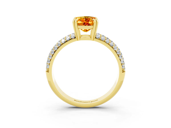 Yellow gold Oval Cut Citrine Vintage Milgrain Ring with Round  Stations