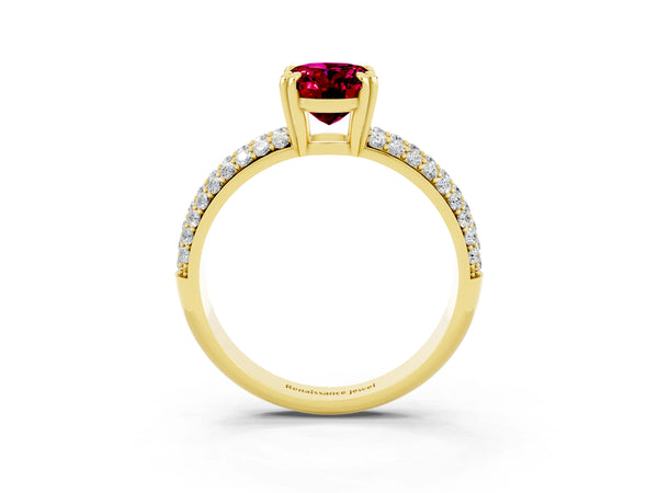 Yellow gold Oval Cut Garnet Vintage Milgrain Ring with Round  Stations