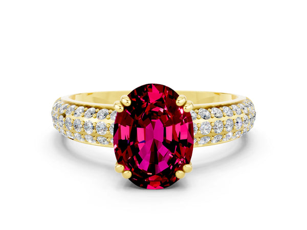 Yellow gold Oval Cut Garnet Vintage Milgrain Ring with Round  Stations