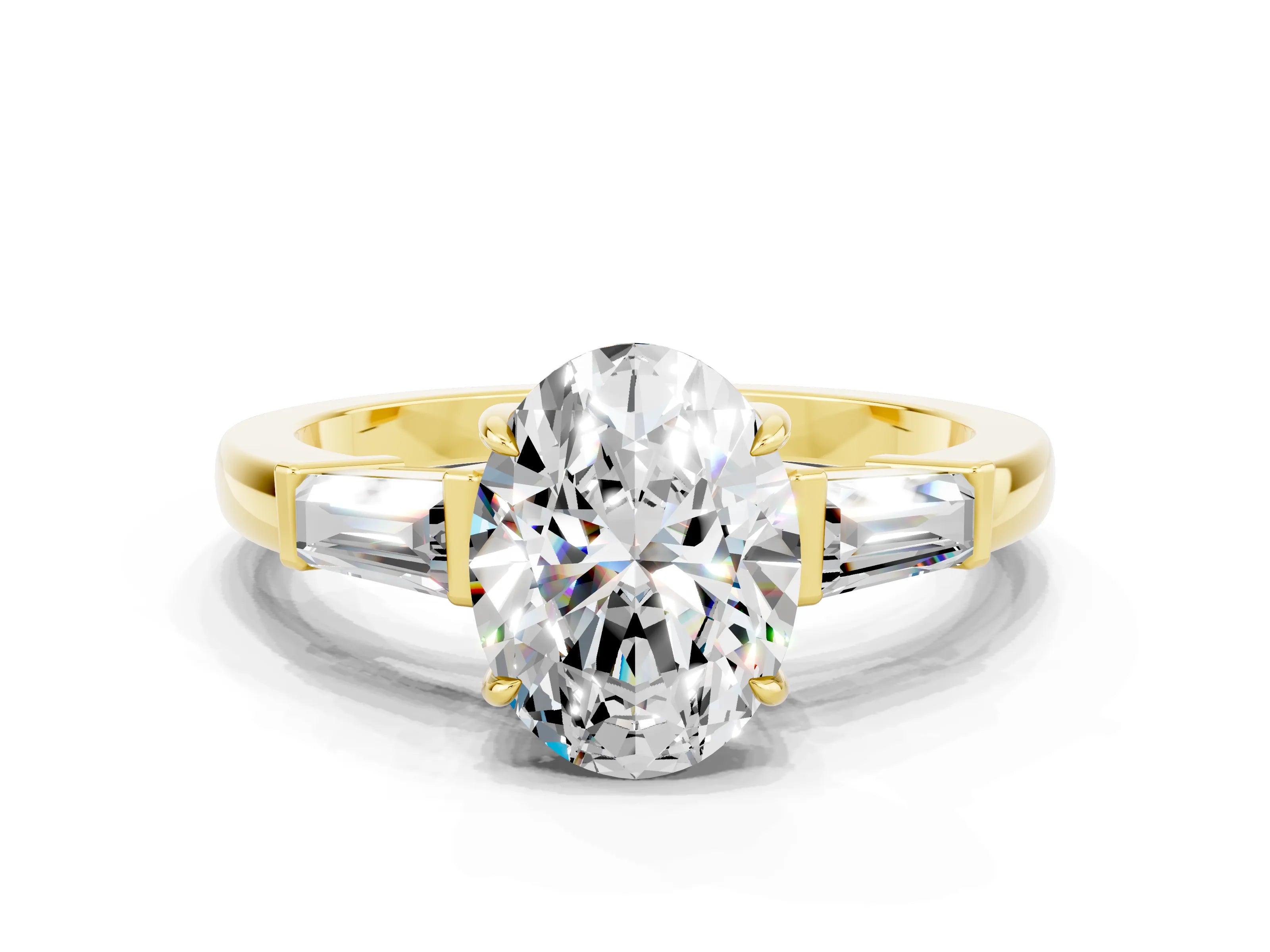 Yellow gold Oval Cut Cut Diamond Ring with Tapered Baguette Side Stones in Four-Prong Setting