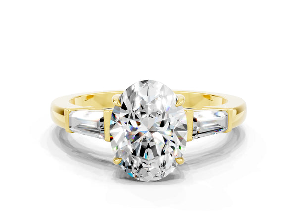 Yellow gold Oval Cut Moissanite Three-Stone Ring with Tapered Baguette Side Stones and Prong Setting