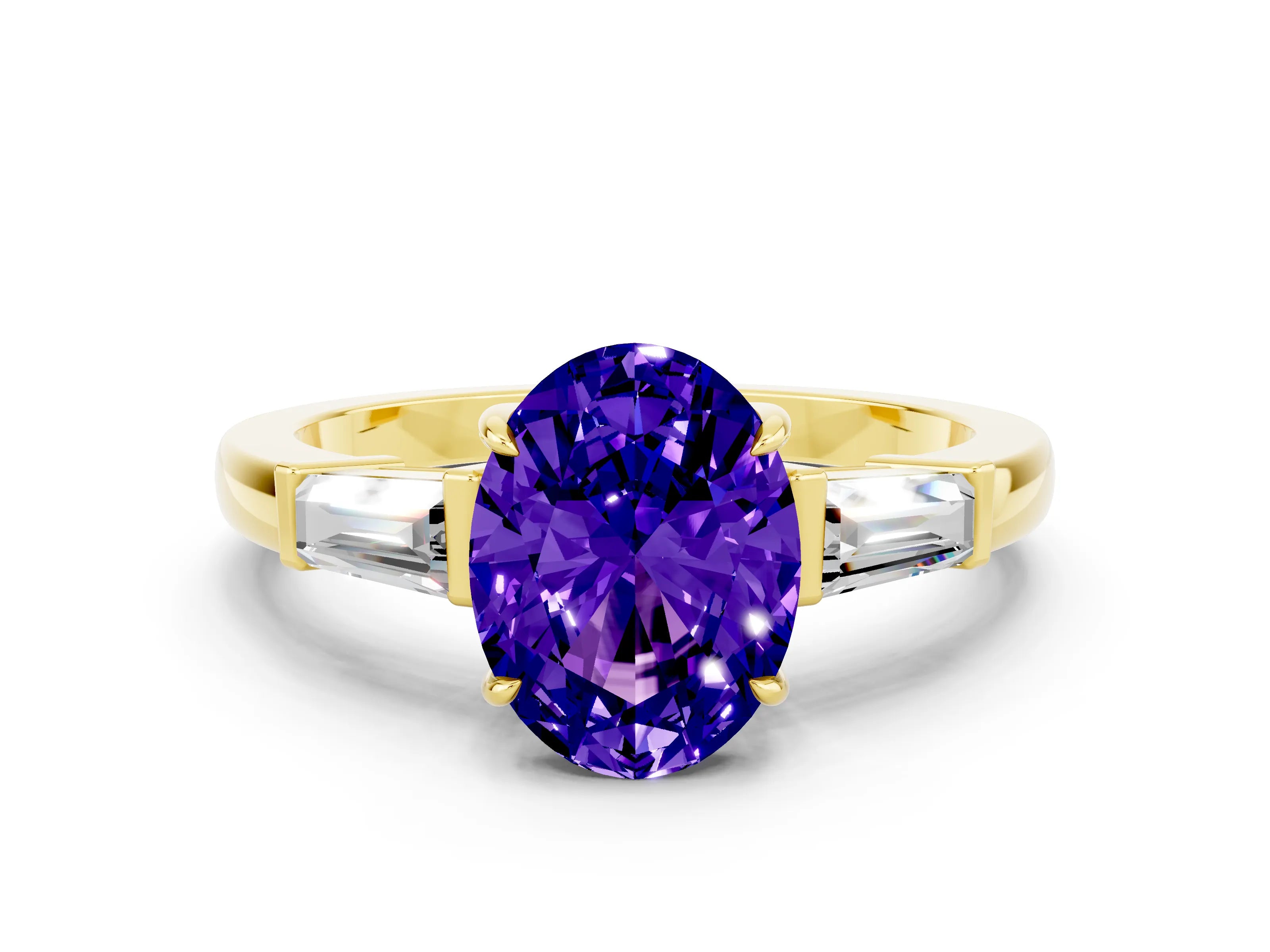 Yellow gold Oval Cut Cut Diamond Ring with Tapered Baguette Side Stones in Four-Prong Setting