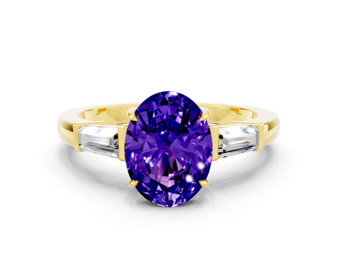 Yellow gold Oval Cut Cut Diamond Ring with Tapered Baguette Side Stones in Four-Prong Setting
