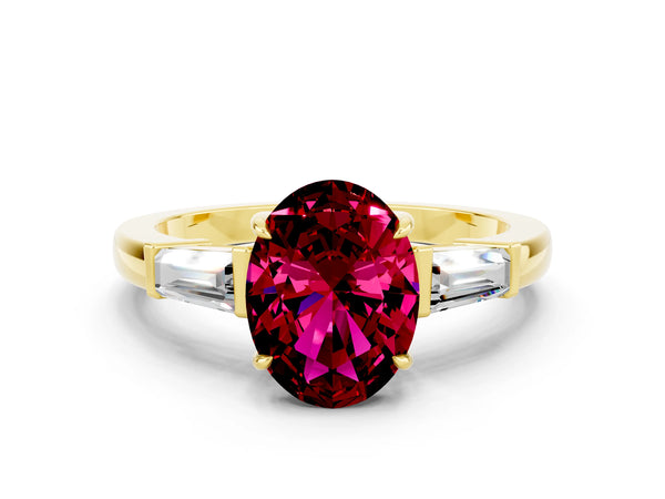 Yellow gold Oval Cut Garnet Three-Stone Ring with Tapered Baguette Side Stones and Prong Setting
