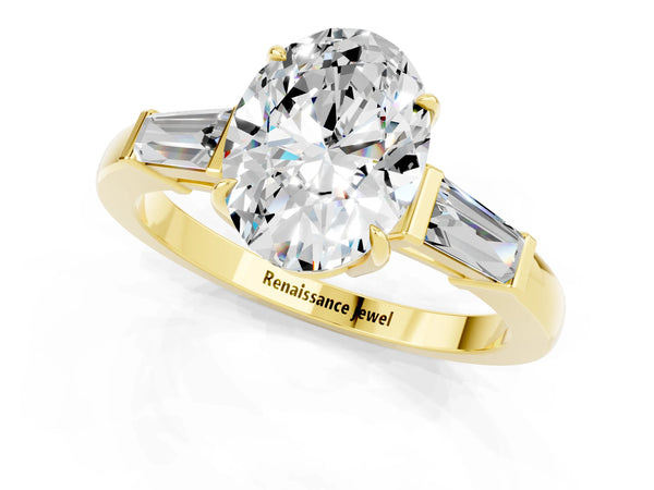 Yellow gold Oval Cut Moissanite Three-Stone Ring with Tapered Baguette Side Stones and Prong Setting