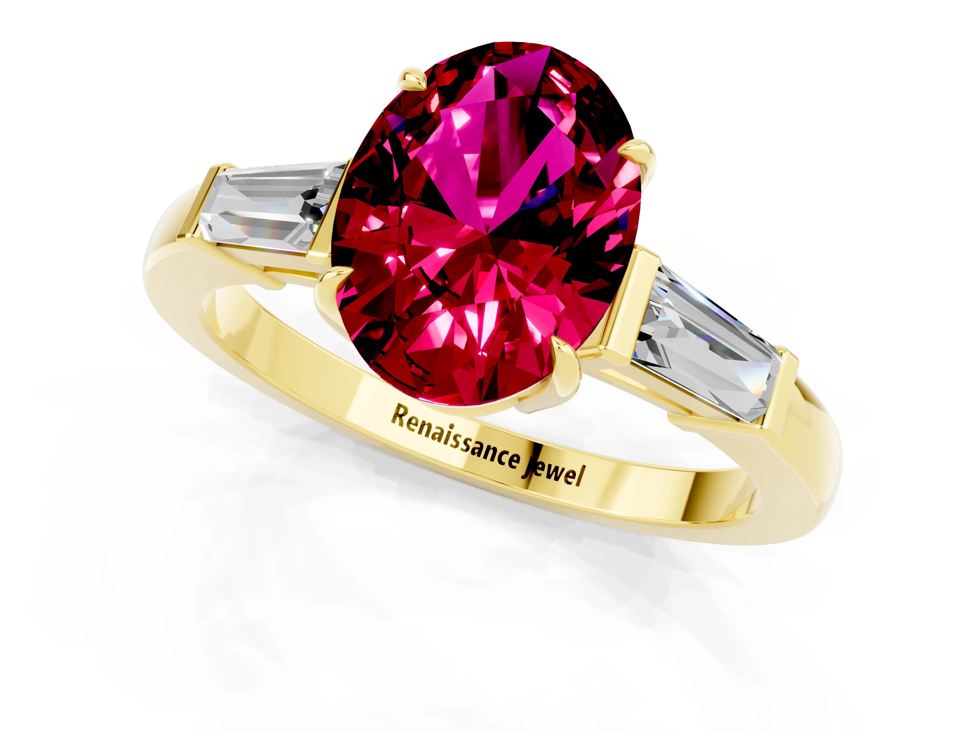 Yellow gold Oval Cut Cut Diamond Ring with Tapered Baguette Side Stones in Four-Prong Setting_1