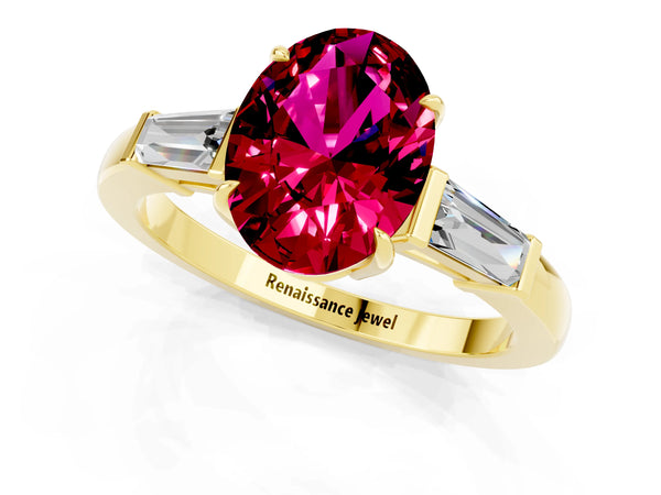 Yellow gold Oval Cut Garnet Three-Stone Ring with Tapered Baguette Side Stones and Prong Setting