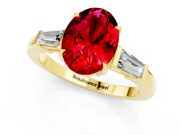 Yellow gold Oval Cut Cut Diamond Ring with Tapered Baguette Side Stones in Four-Prong Setting
