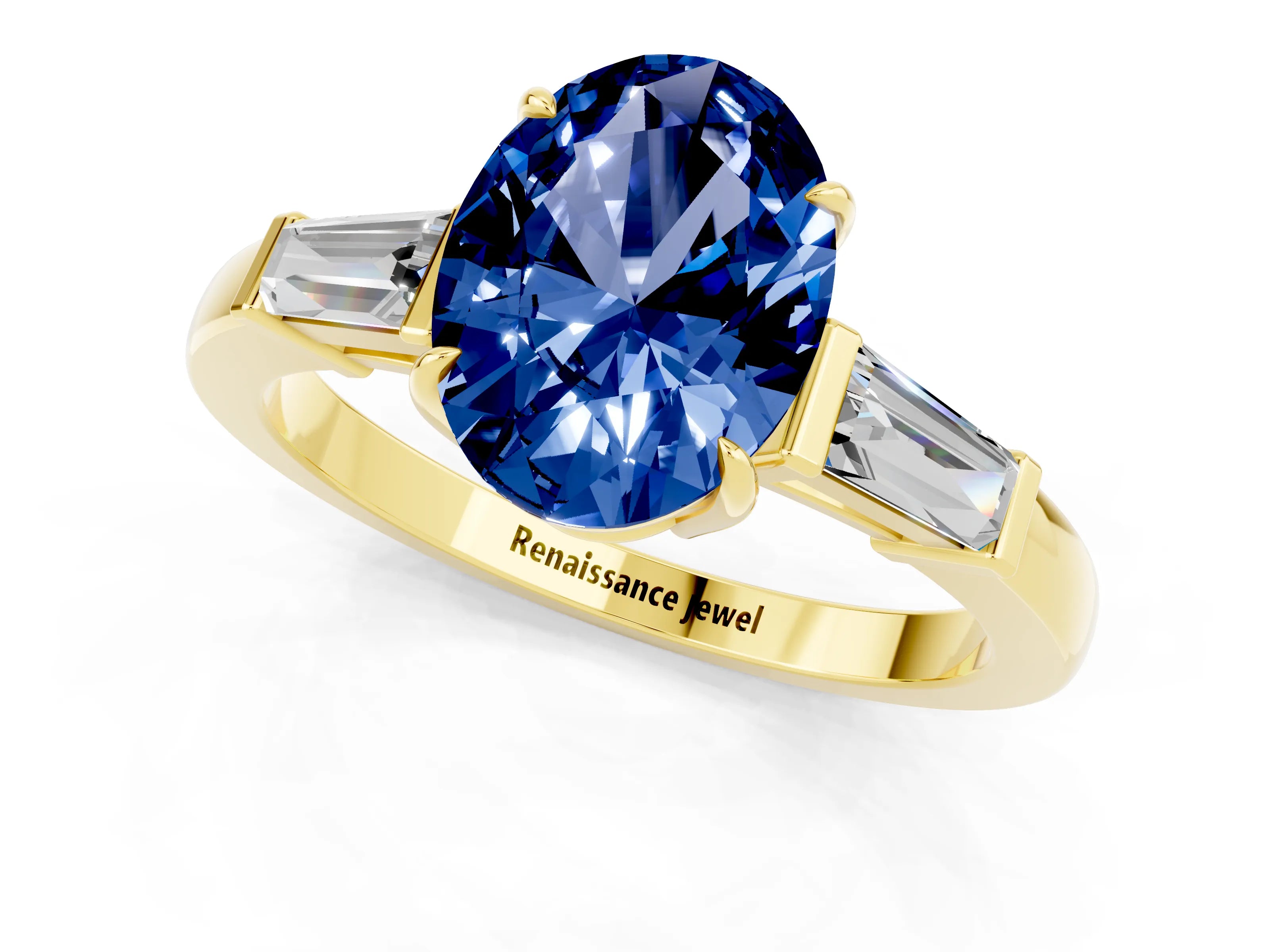Yellow gold Oval Cut Cut Diamond Ring with Tapered Baguette Side Stones in Four-Prong Setting_1