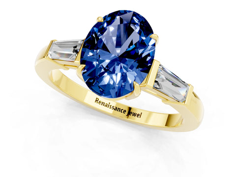 Yellow gold Oval Cut Cut Diamond Ring with Tapered Baguette Side Stones in Four-Prong Setting_1