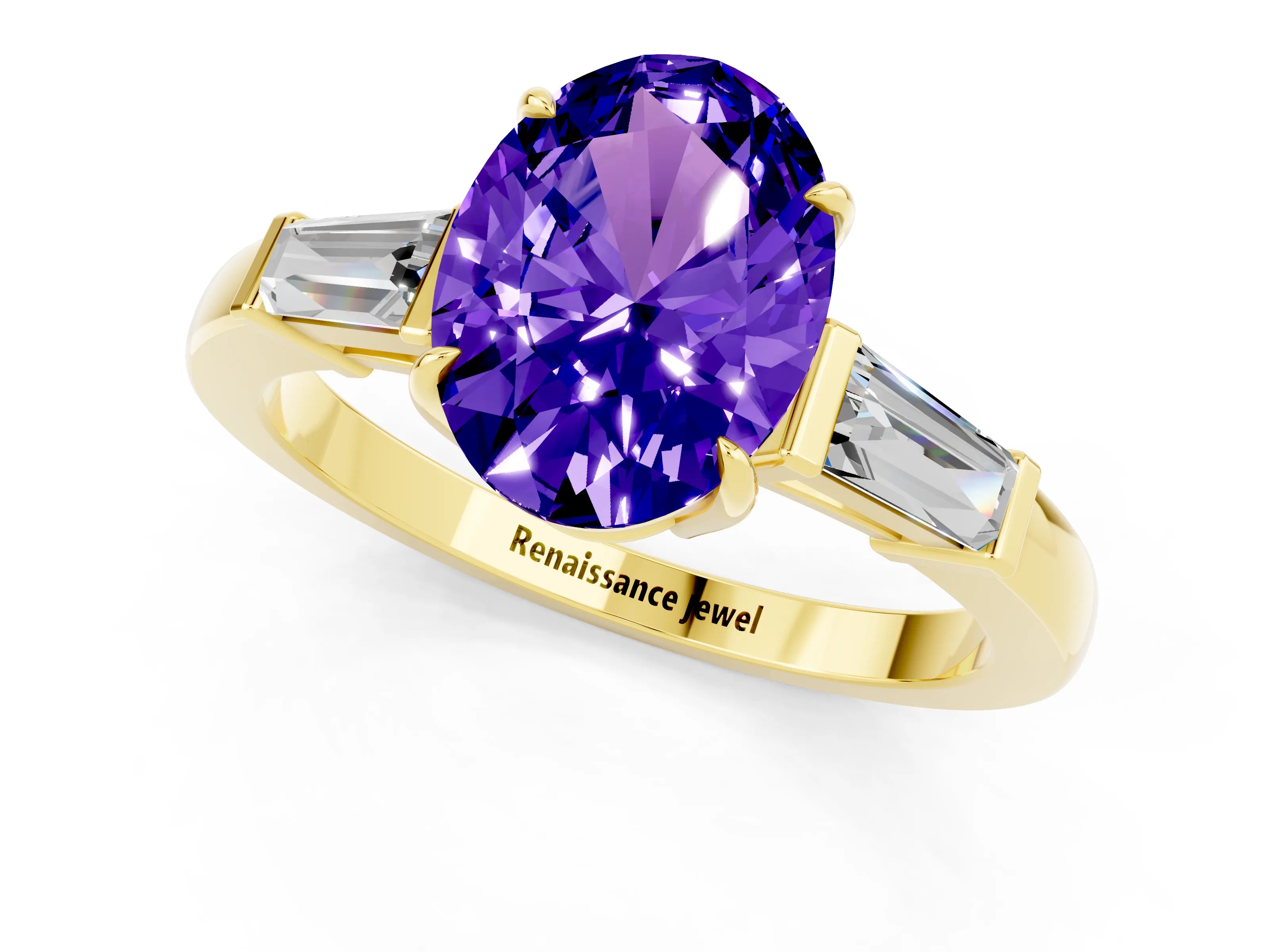 Yellow gold Oval Cut Cut Diamond Ring with Tapered Baguette Side Stones in Four-Prong Setting_1