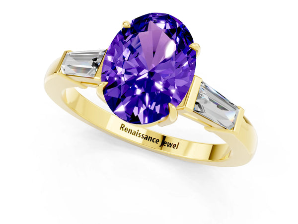 Yellow gold Oval Cut Tanzanite Three-Stone Ring with Tapered Baguette Side Stones and Prong Setting