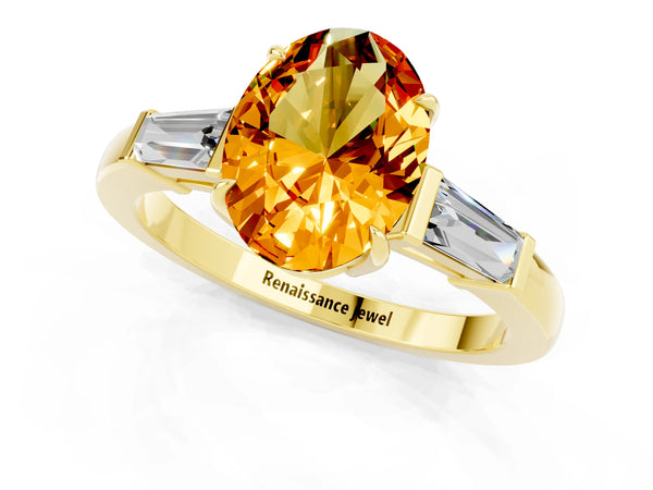 Yellow gold Oval Cut Citrine Three-Stone Ring with Tapered Baguette Side Stones and Prong Setting