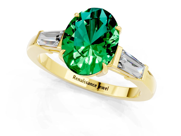 Yellow gold Oval Cut Emerald Three-Stone Ring with Tapered Baguette Side Stones and Prong Setting