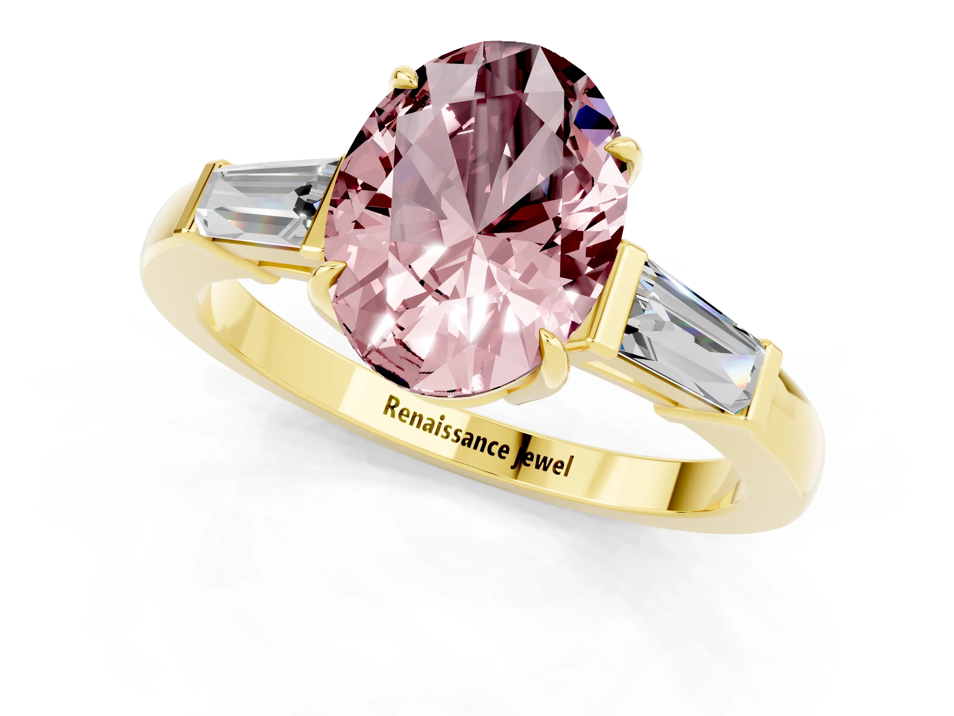 Yellow gold Oval Cut Cut Diamond Ring with Tapered Baguette Side Stones in Four-Prong Setting_1