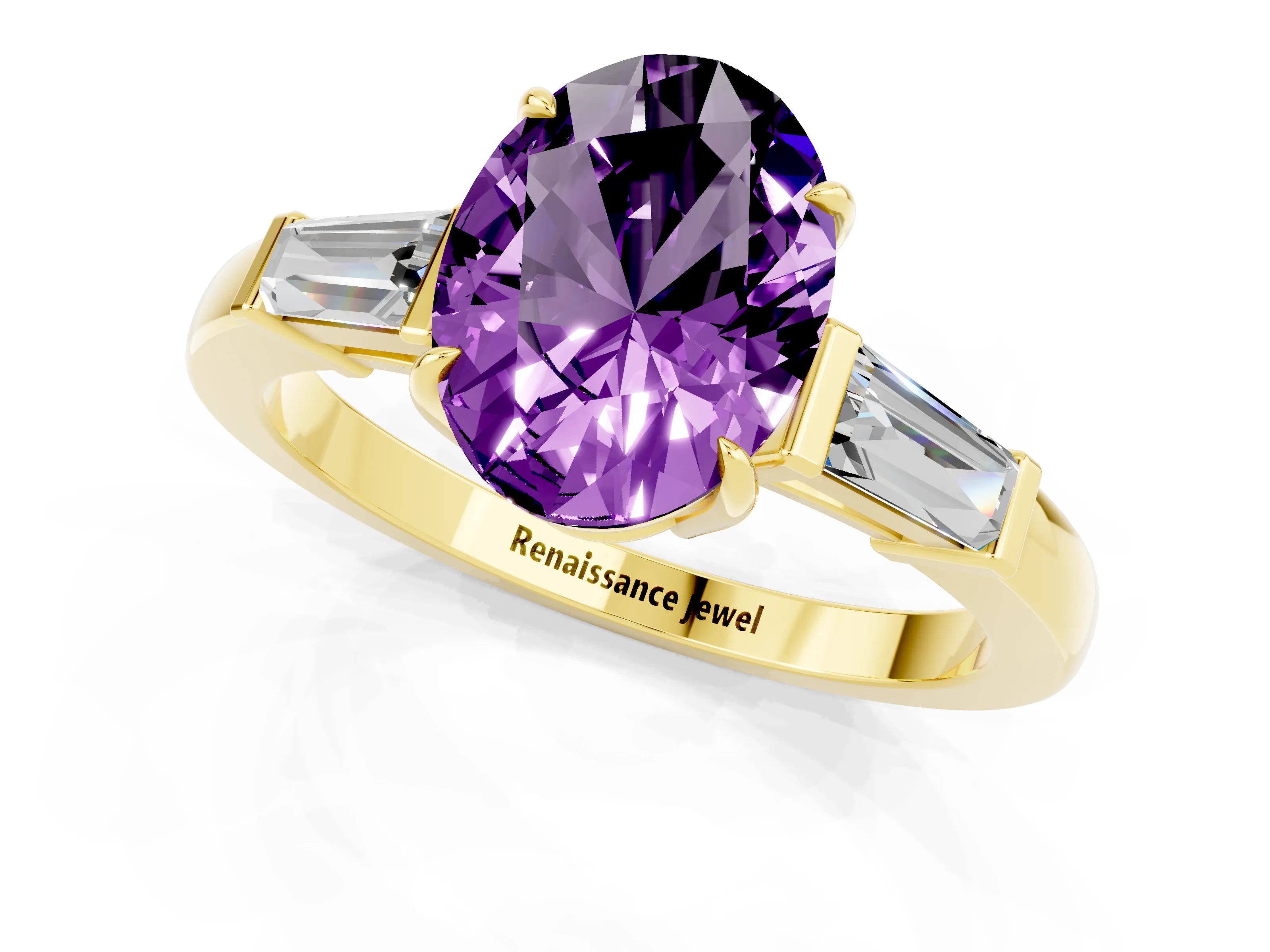 Yellow gold Oval Cut Cut Diamond Ring with Tapered Baguette Side Stones in Four-Prong Setting_1