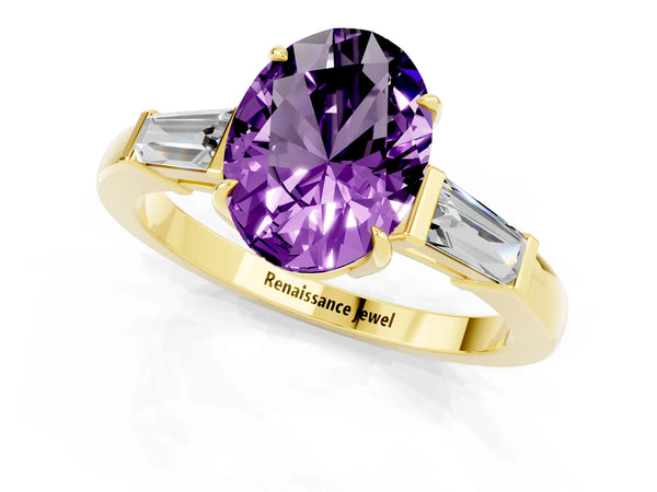 Yellow gold Oval Cut Amethyst Three-Stone Ring with Tapered Baguette Side Stones and Prong Setting