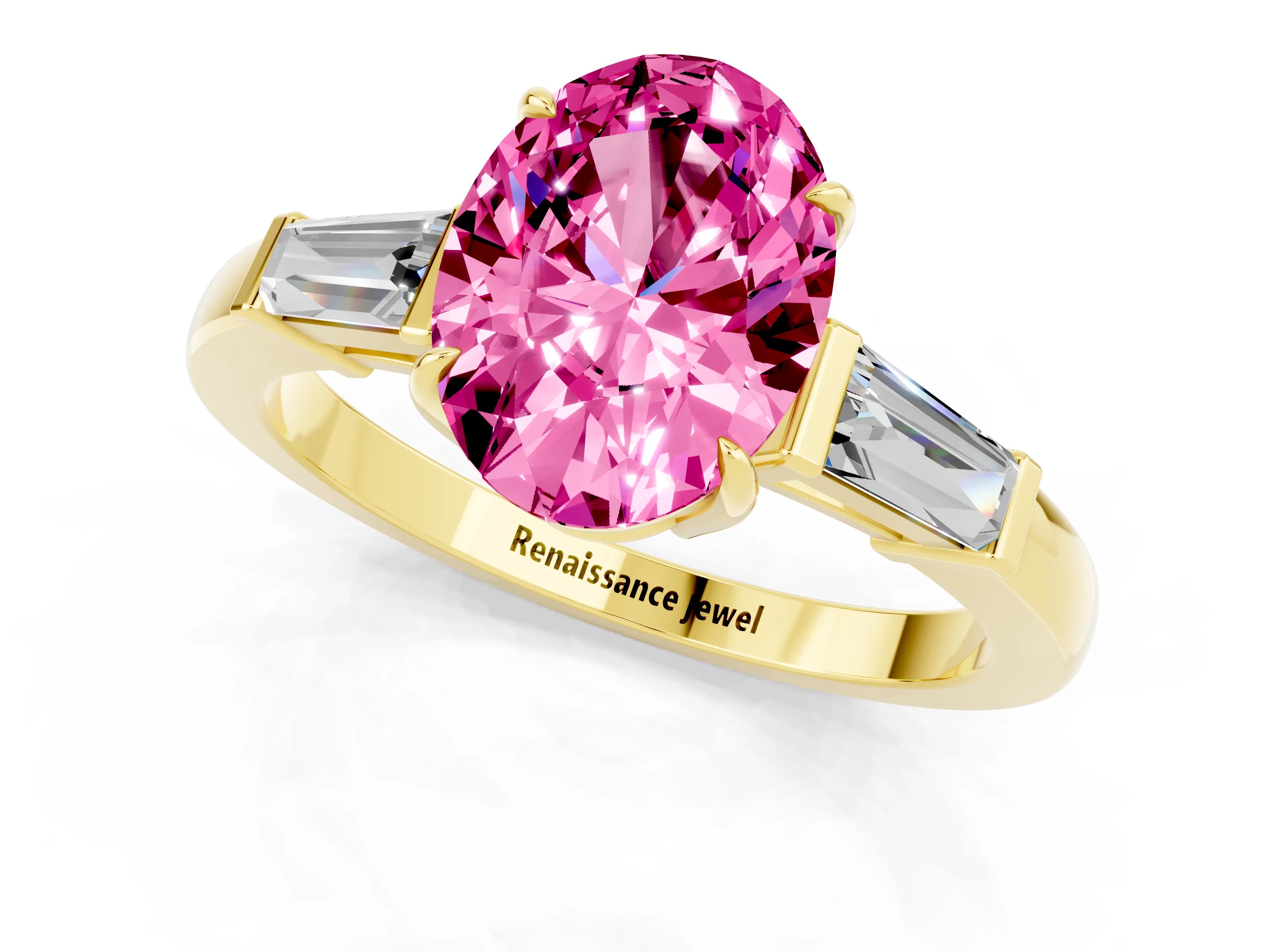 Yellow gold Oval Cut Cut Diamond Ring with Tapered Baguette Side Stones in Four-Prong Setting_1