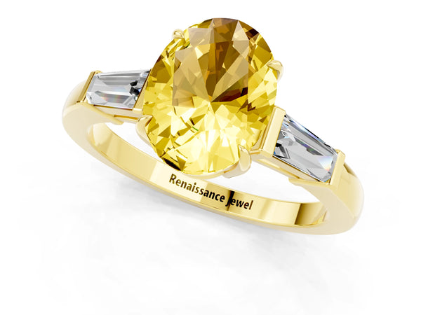 Yellow gold Oval Cut Yellow Sapphire Three-Stone Ring with Tapered Baguette Side Stones and Prong Setting