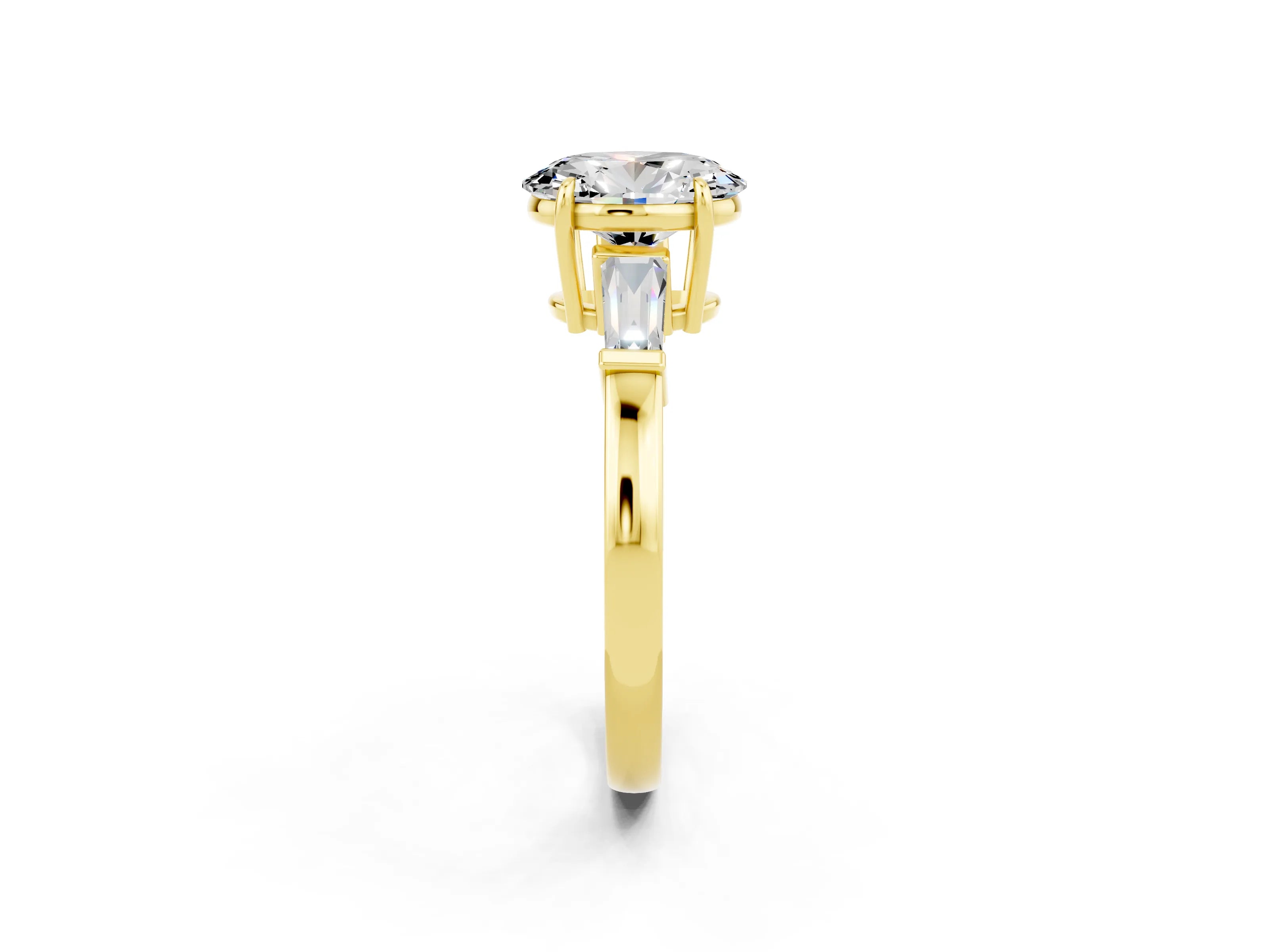 Yellow gold Oval Cut Cut Diamond Ring with Tapered Baguette Side Stones in Four-Prong Setting_2