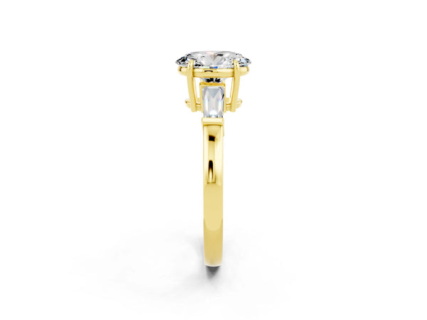 Yellow gold Oval Cut Moissanite Three-Stone Ring with Tapered Baguette Side Stones and Prong Setting