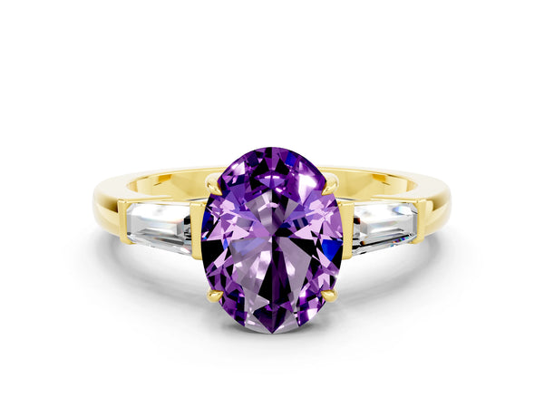 Yellow gold Oval Cut Amethyst Three-Stone Ring with Tapered Baguette Side Stones and Prong Setting
