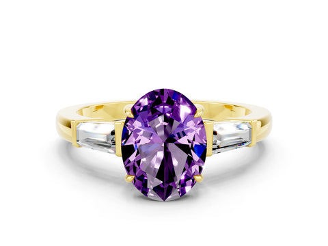 Yellow gold Oval Cut Cut Diamond Ring with Tapered Baguette Side Stones in Four-Prong Setting