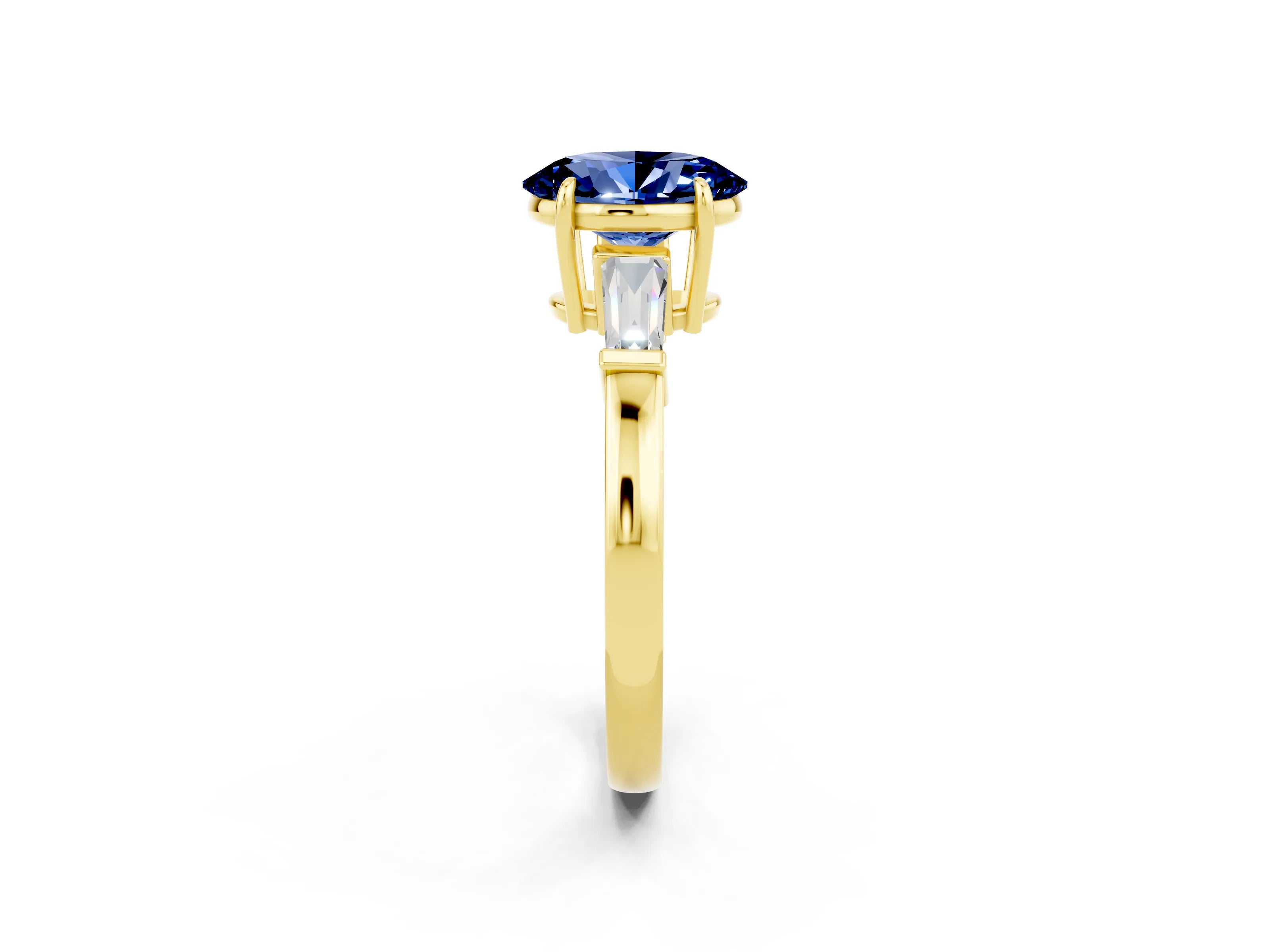 Yellow gold Oval Cut Cut Diamond Ring with Tapered Baguette Side Stones in Four-Prong Setting_2