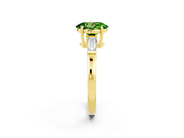 Yellow gold Oval Cut Cut Diamond Ring with Tapered Baguette Side Stones in Four-Prong Setting